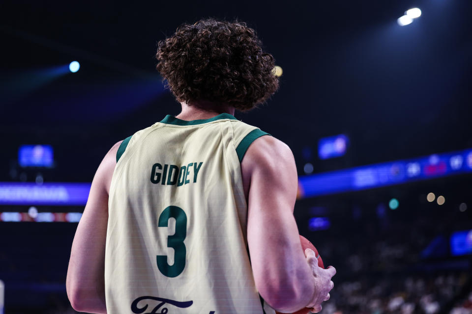 OKINAWA, JAPAN – SEPTEMBER 03: Josh Giddey #3 of Australia in actio during the FIBA Basketball World Cup 2nd Round Group K game between Australia and Georgia at Okinawa Arena on September 03, 2023 in Okinawa, Japan. (Photo by Takashi Aoyama/Getty Images)