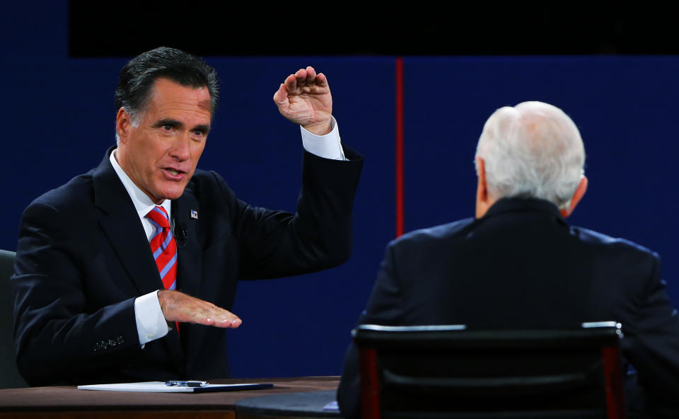 BOCA RATON, FL - OCTOBER 22:  Republican presidential candidate Mitt Romney (L) speaks during a debate with U.S. President Barack Obama as moderator Bob Schieffer of CBS (R) looks on at the Keith C. and Elaine Johnson Wold Performing Arts Center at Lynn University on October 22, 2012 in Boca Raton, Florida. The focus for the final presidential debate before Election Day on November 6 is foreign policy.  (Photo by Joe Raedle/Getty Images)