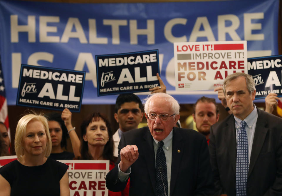 WASHINGTON, DC - APRIL 10:  Sen. Bernie Sanders (I-VT) speaks while introducing health care legislation titled the 