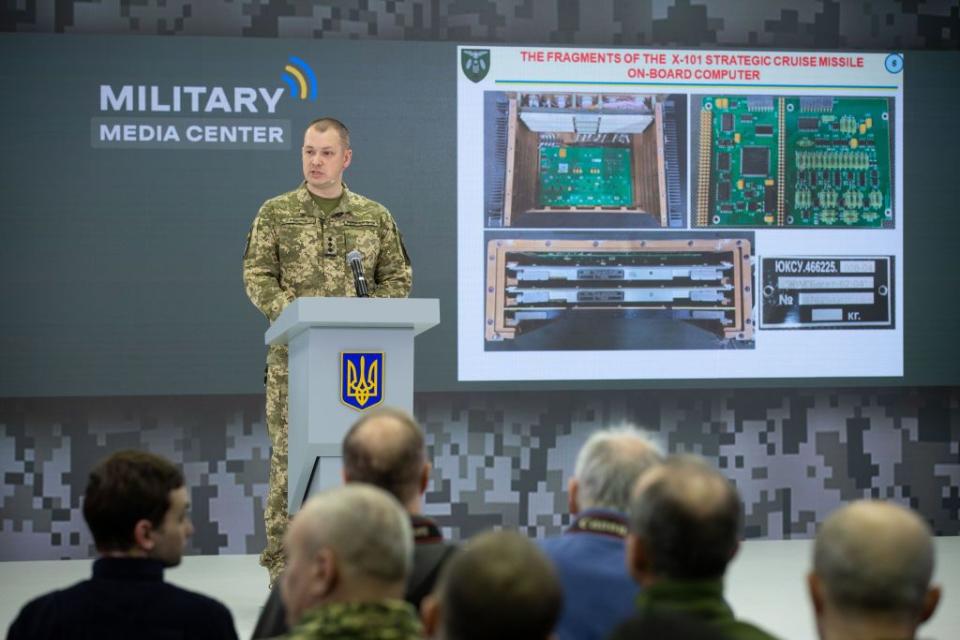 Mykola Danyliuk, officer of the Center for Research of Trophy weapons, speaks to press during an exhibition of radio details of a new series of X-101 cruise missiles that Russia uses to fire at Ukrainian cities in the ongoing war at military media center in Kyiv on February 16, 2023. (Oleksii Chumachenko/Anadolu Agency via Getty Images)