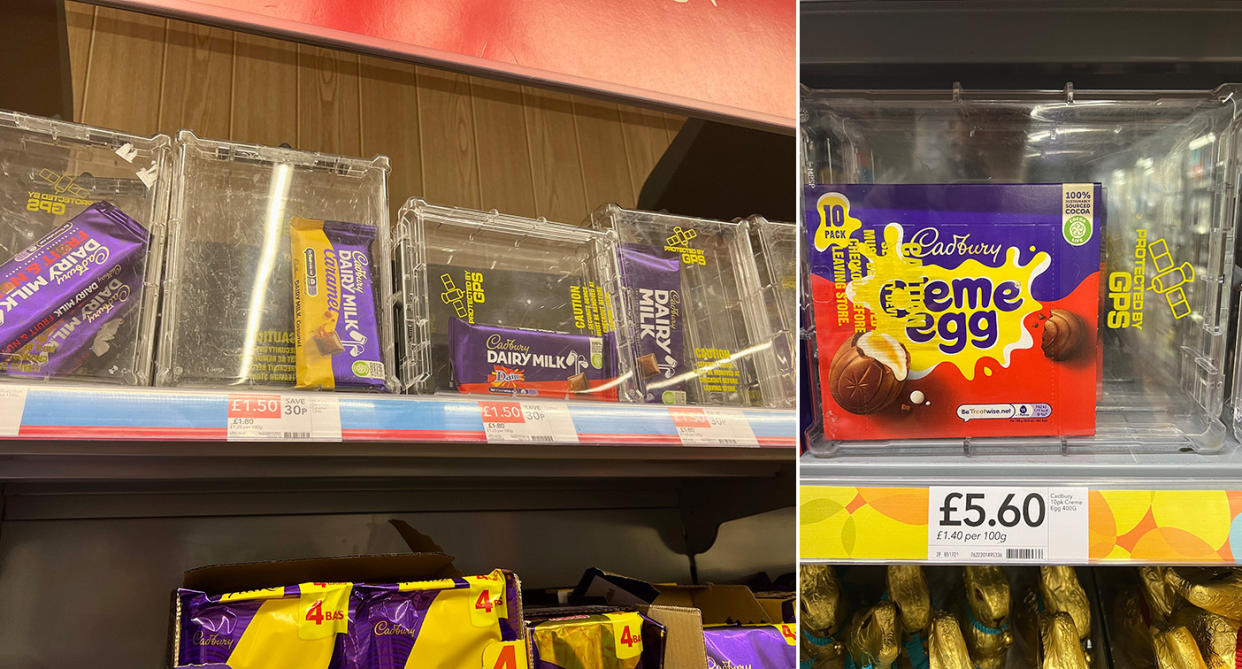 A shopper noticed a number of Cadbury's products at a Co-op Food had been placed inside anti-theft cases even though some cost £1.50. (Credit: Jack Johnston / Twitter)