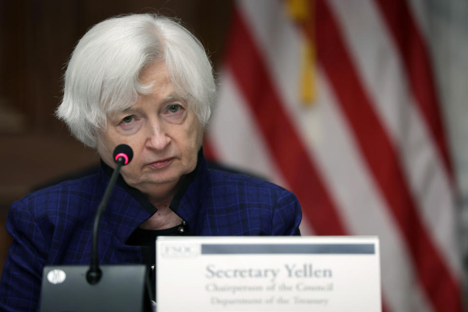 Bitcoin  WASHINGTON, DC - APRIL 21: U.S. Secretary Janet Yellen listens during an open session of a Financial Stability Oversight Council meeting at the Department of the Treasury on April 21, 2023 in Washington, DC. The FSOC proposed on Friday a new guidance to revise how non-bank financial institutions are designated. (Photo by Alex Wong/Getty Images)