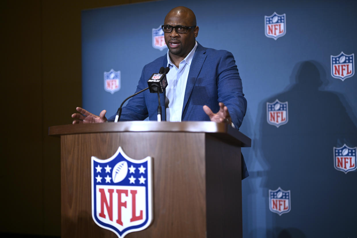 Troy Vincent, NFL executive vice president of football operations, talks to reporters about the league's flag football initiatives at the NFL owners meetings, Monday, March 25, 2024, in Orlando, Fla. (AP Photo/Phelan M. Ebenhack)