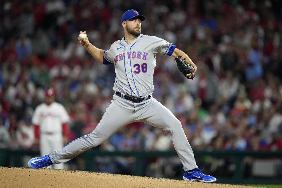 New York Mets' Tylor Megill pitches during the second inning of a baseball game against the Philadelphia Phillies, Friday, Sept. 22, 2023, in Philadelphia. (AP Photo/Matt Slocum)