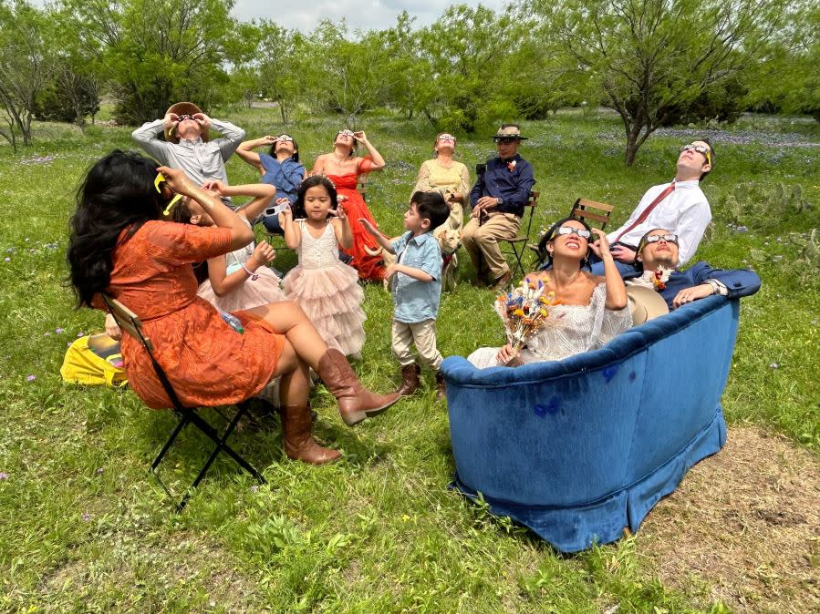 California couple Clarissa Encarnacion and William Perkins are tying the knot during totality of the total solar eclipse at a ranch in Lampasas, Texas, on April 8, 2024. (KXAN Photo/Frank Martinez)