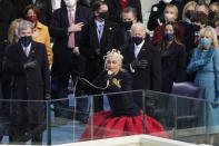 Lady Gaga performs the National Anthem during the 59th Presidential Inauguration at the U.S. Capitol in Washington, Wednesday, Jan. 20, 2021. (AP Photo/Andrew Harnik)