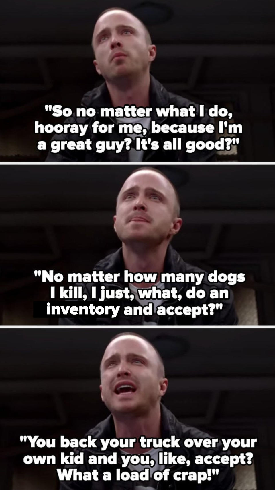 Jessie asks if then it doesn't matter what he does or how many dogs he kills, because if he's a good guy and "accepts" it it's okay, then calls that a load of crap