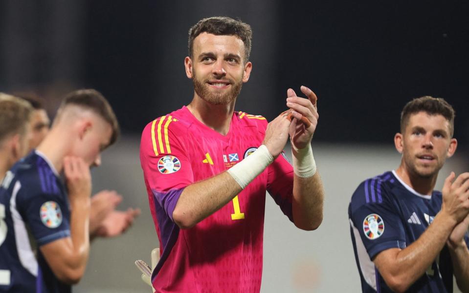 Cyprus v Scotland - AEK ARENA, Larnaca, Cyprus - September 8, 2023 Scotland's Angus Gunn celebrates after the match