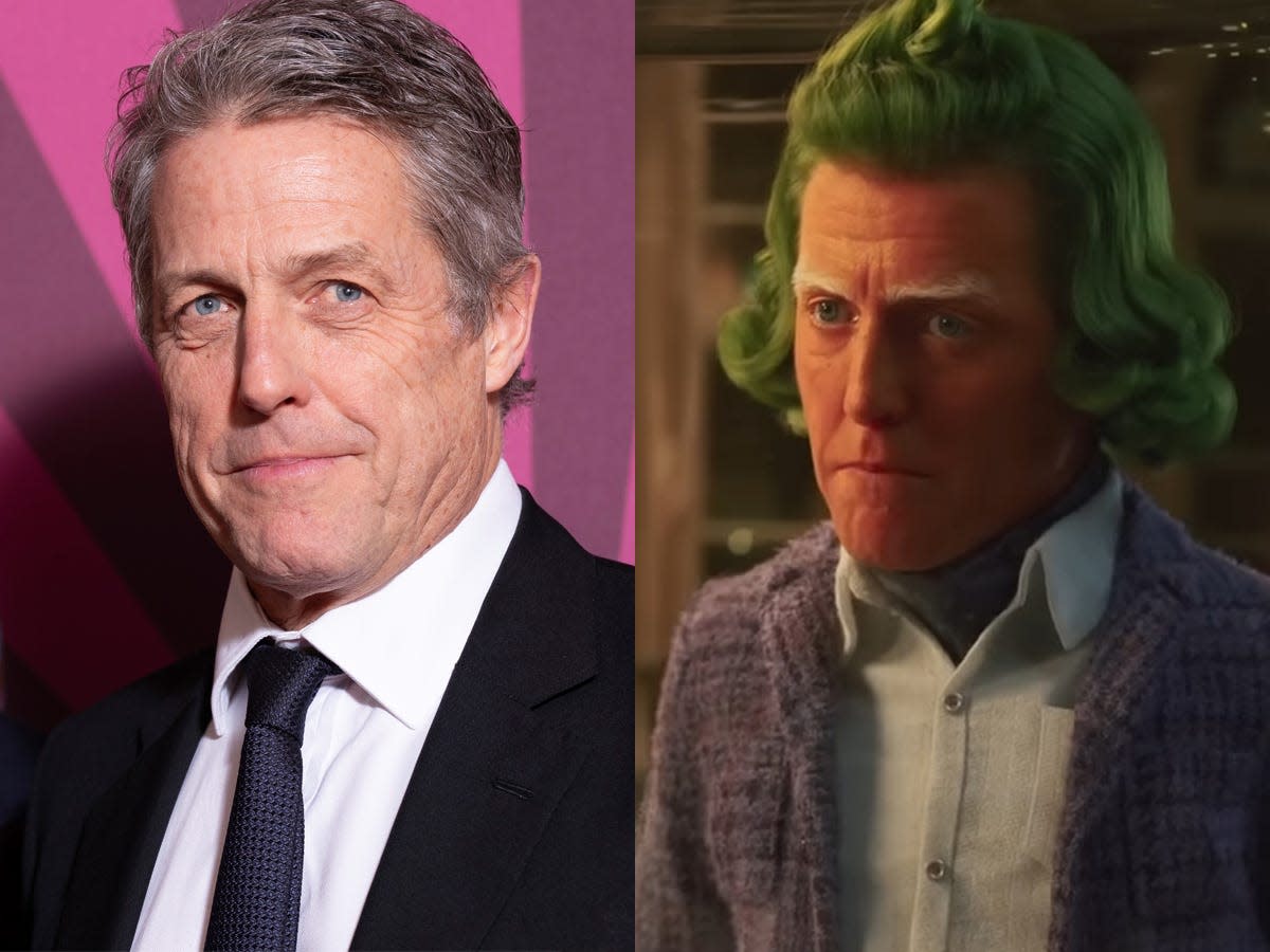 Left: Hugh Grant at the world premiere of "Wonka" in November 2023. Right: Grant as an Oompa Loompa in "Wonka."