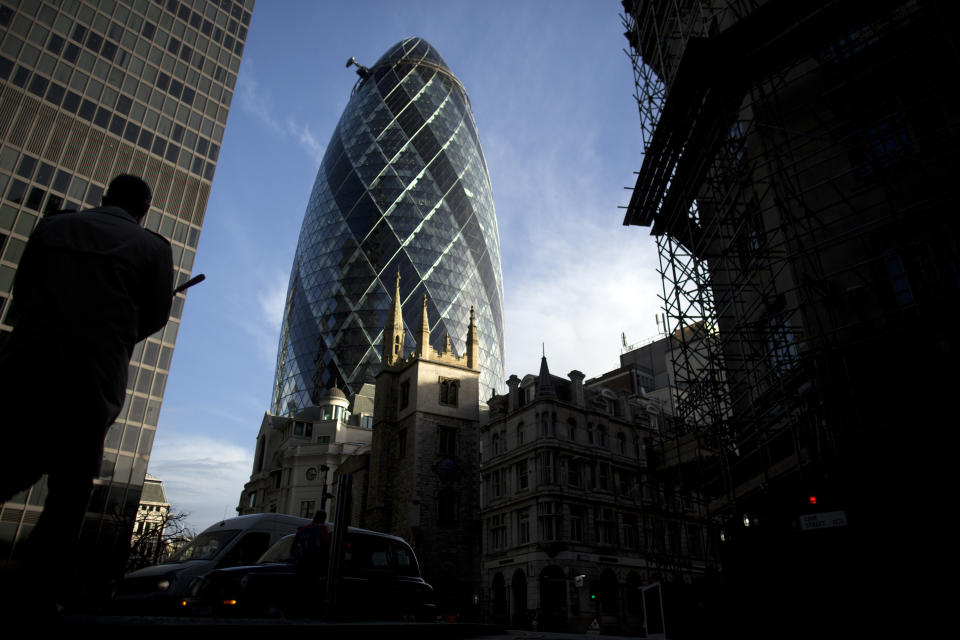 London's 30 St Mary Axe, affectionately known as "The Gherkin," keeps a stiff upper well, you know. It's <a href="http://www.30stmaryaxe.com/" target="_blank">180 meters tall</a> but girth counts too, doesn't it? 