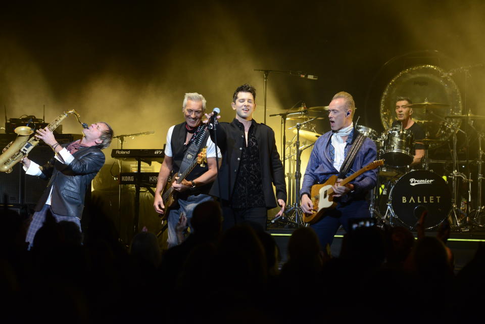 LONDON, ENGLAND - OCTOBER 29:  (L-R)  Steve Norman, Martin Kemp, Ross William Wild, Gary Kemp and John Keeble of Spandau Ballet perform on stage at Eventim Apollo on October 29, 2018 in London, England.  (Photo by Dave J Hogan/Dave J Hogan/Getty Images)