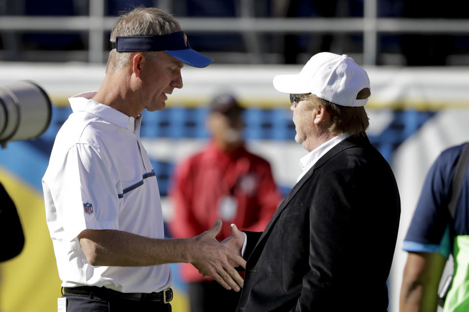 San Diego Chargers head coach Mike McCoy, left, shakes hands with Oakland Raiders owner Mark Davis before an NFL football game Sunday, Dec. 18, 2016, in San Diego. (AP Photo/Alex Gallardo)