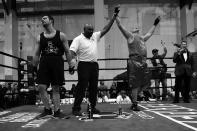 <p>Police officer Andrew Freeman, left looks dejected after losing a split decision against <span>Greg Hamilton</span> in the “Bronx Tough Turkey Tussle” at the New York Expo Center in the Bronx, New York, on Nov. 16, 2017. (Photo: Gordon Donovan/Yahoo News) </p>