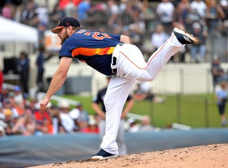 Mar 20, 2019; West Palm Beach, FL, USA; Houston Astros starting pitcher Wade Miley (20) throws against the New York Yankees during a spring training game at FITTEAM Ballpark of the Palm Beaches. Mandatory Credit: Steve Mitchell-USA TODAY Sports