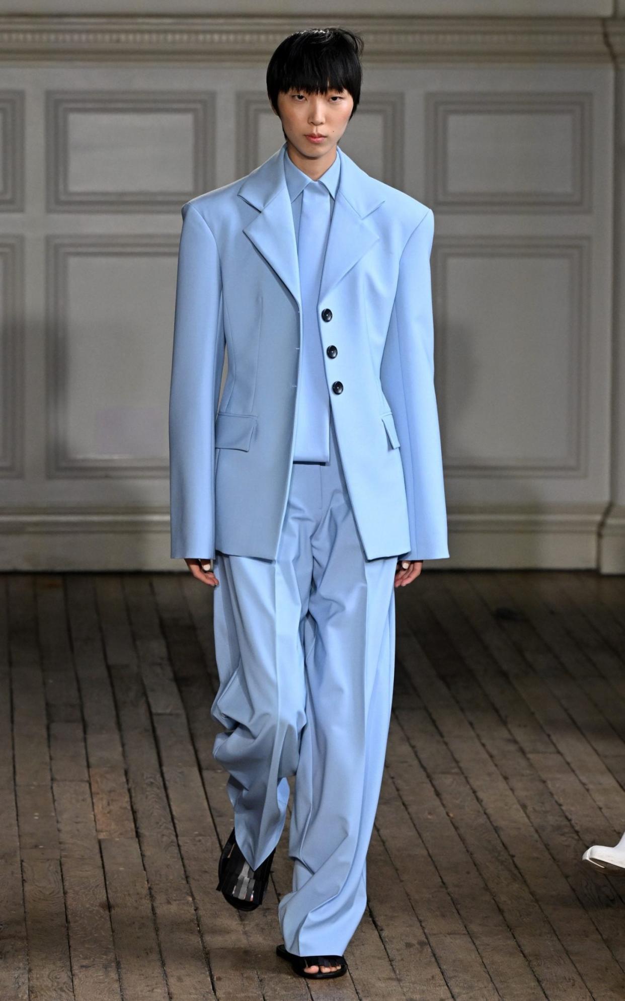 A pastel blue suit on the Emilia Wickstead runway