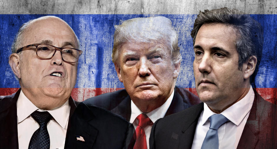 Rudy Giuliani, Donald Trump, Michael Cohen. (Yahoo News photo illustration; photos: Anthony Devlin/Getty Images, Evan Vucci/AP, Getty Images)