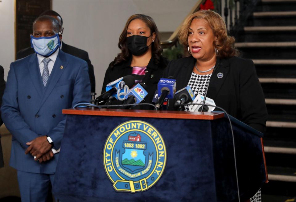 Mount Vernon Mayor Shawyn Patterson-Howard, delivers remarks at city hall to address the federal civil rights probe by the Justice Department into the Mount Vernon police Department, Dec. 3, 2021. 