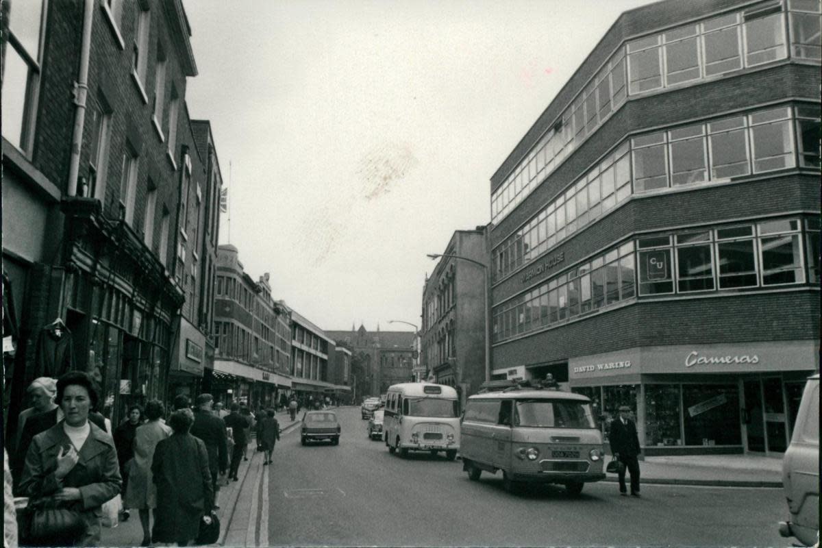 The High Street looking towards Worcester Cathedral from beside Copenhagen Street in 1973 <i>(Image: Newsquest)</i>