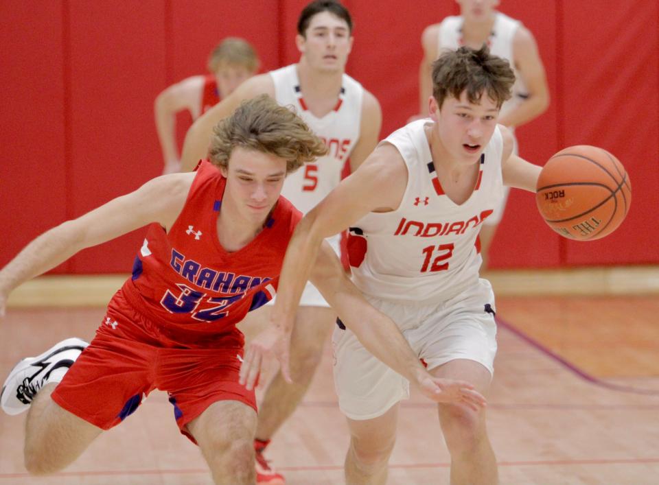 Jim Ned sophomore Hank Ritter steals the ball on Dec. 7, 2021. The Indians won 55-31.