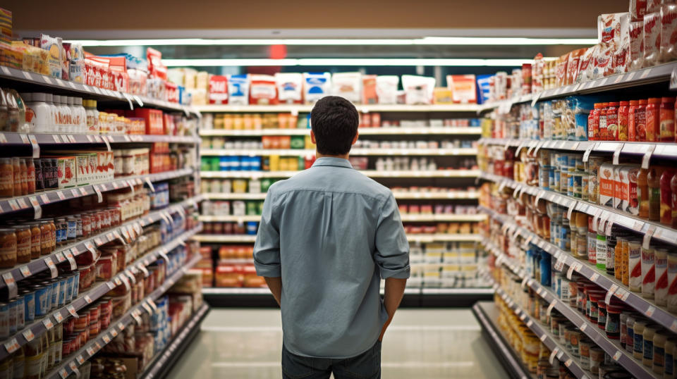 A retail employee stocking shelves with consumer packaged goods/manufacturing products.