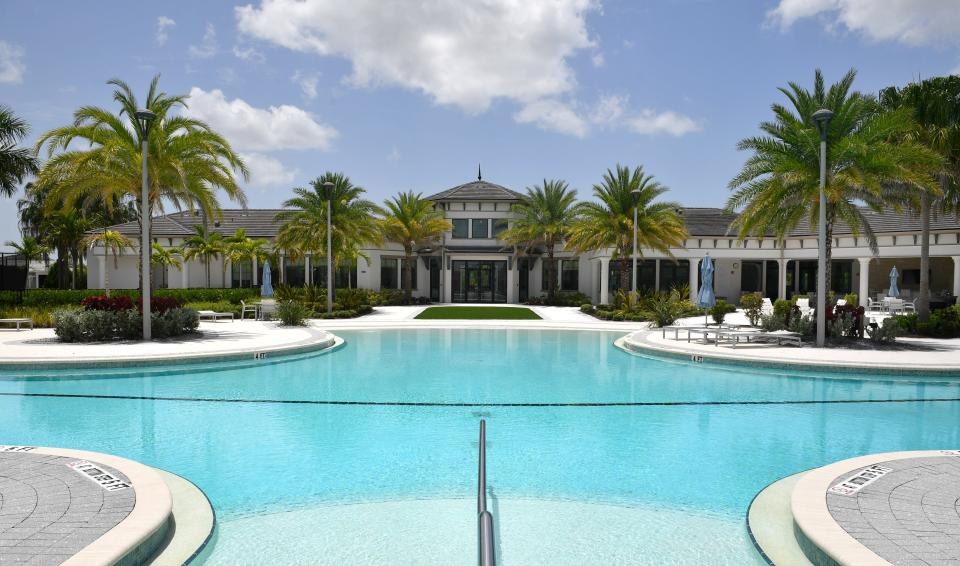 The clubhouse area at Sunrise Preserve features a large pool, multi-purpose room, fitness center, catering bar, fire pit and courts for tennis, bocce and other such games.