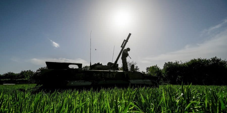 The Ukrainian military inspects the broken Russian equipment after one of the battles in the Donbas