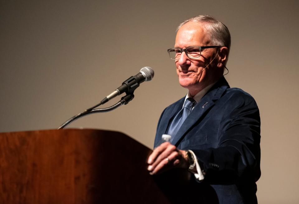 Emmy Award-winning hockey announcer Mike "Doc" Emrick speaks at the Port Huron Town Hall Monday, March 11, 2019 at McMorran Theater. Emrick is currently the play-by-play voice for NBC Sports' NHL coverage and has served as the television voice of the New Jersey Devils and has made several Winter Olympics appearances.