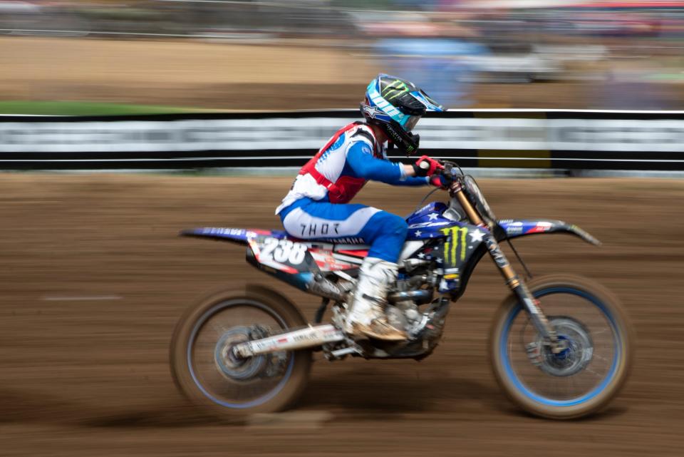 Haiden Deegan of Temecula, California, begins the 250cc race at the first race of the RedBud Motocross races in Buchanan, Michigan on July Saturday, 1, 2023.