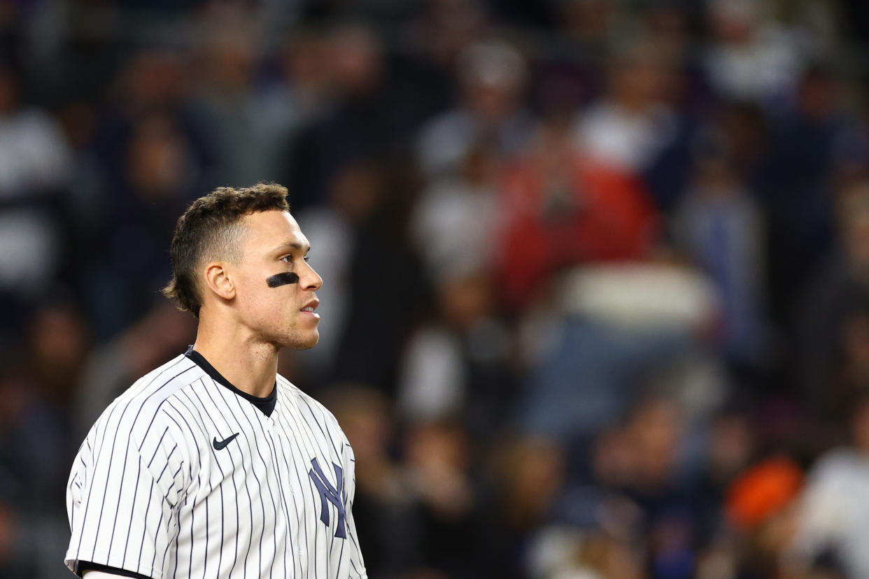 NEW YORK, NEW YORK - OCTOBER 23: Aaron Judge #99 of the New York Yankees looks on during the sixth inning against the Houston Astros in game four of the American League Championship Series at Yankee Stadium on October 23, 2022 in the Bronx borough of New York City. (Photo by Elsa/Getty Images)