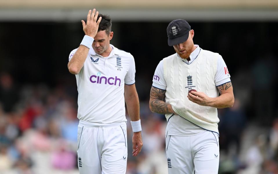 England's James Anderson and Ben Stokes react to the ball during Day One of the LV= Insurance Ashes 5th Test Match between England and Australia at The Kia Oval on July 27, 2023 in London, England