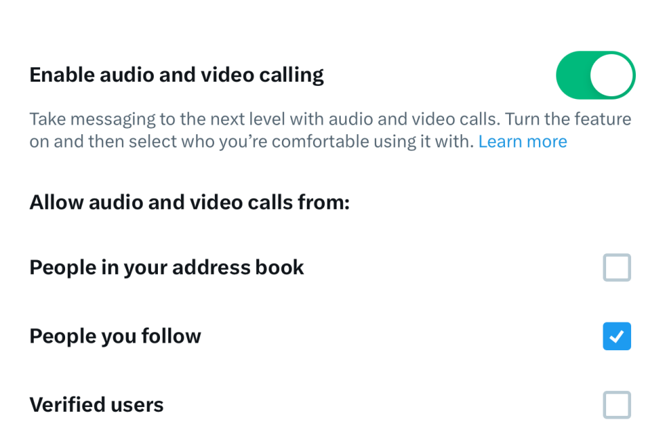 Screenshot of settings for X's new call feature.