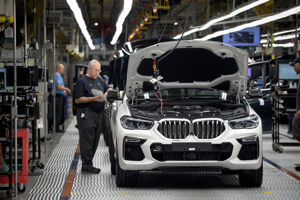 X model SUVs undergo final diagnostic testing at the BMW manufacturing facility in Greer, South Carolina, U.S. November 4, 2019.  REUTERS/Charles Mostoller