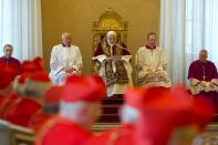 This handout picture released by the Vatican Press Office on February 11, 2013 shows Pope Benedict XVI addressing an ordinary consistory at The Vatican the same day. Pope Benedict XVI announced he will resign on February 28, a Vatican spokesman told AFP, which will make him the first pope to do so in centuries