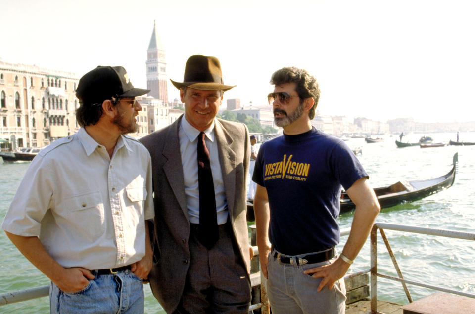 Steven Spielberg, Harrison Ford and George Lucas on the set of 'Last Crusade' (Photo: Paramount/Courtesy Everett Collection)