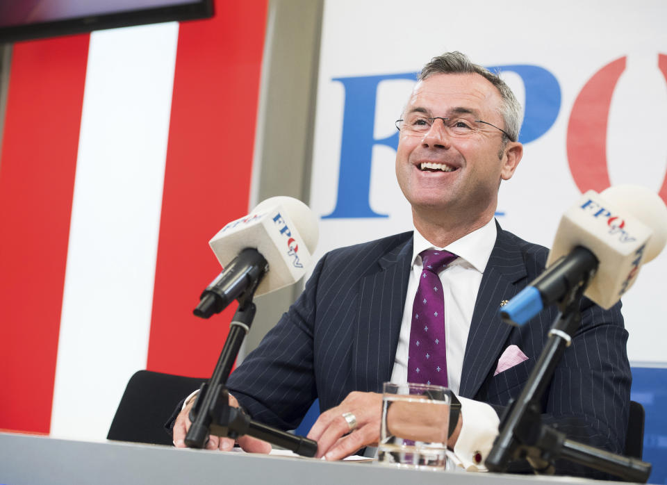 In this Monday, May 20, 2019, file photo, designated leader of the right-wing Freedom Party, FPOE, addresses the media during a press conference in Vienna, Austria. Austria's far-right Freedom Party elected former minister and presidential candidate Norbert Hofer as its leader on Saturday as it seeks to return to government in a Sept. 29, 2019, national election. (AP Photo/Michael Gruber)