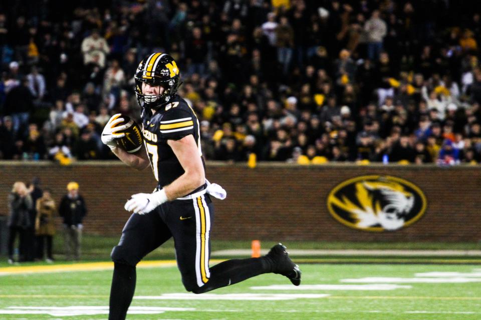 Missouri tight end Brett Norfleet runs after a catch during a college football game at Memorial Stadium on Nov. 18, 2023, in Columbia, Mo.