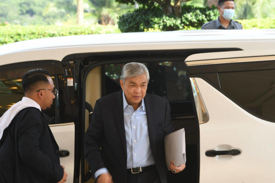Umno’s Datuk Seri Ahmad Zahid Hamidi seen arriving at the meeting in Putrajaya. — Picture from Facebook/Muhyiddin Yassin