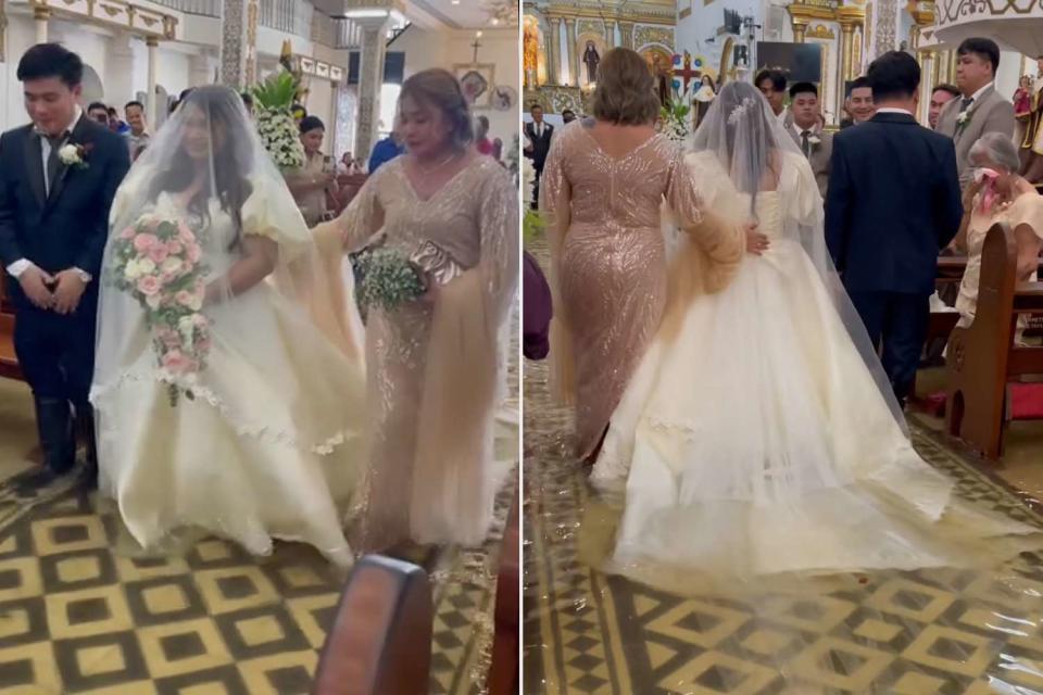 <p>Maria Jasmin Halili/Facebook</p> Bride Walks Down Flooded Aisle After Typhoon in the Philippines