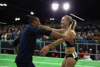 <p>Brianne Theisen Eaton of Canada is congratulated by her husband Ashton Eaton of the United States on winning the gold medal after the Women’s Pentathlon 800 Metres during day two of the IAAF World Indoor Championships at Oregon Convention Center on March 18, 2016 in Portland, Oregon. (Photo by Ian Walton/Getty Images for IAAF) </p>