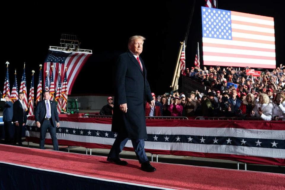 Donald Trump speaks to the crowd at the rally. His Save America Rally was held in Vandalia, Ohio on Monday, Nov. 7, 2022. Sarah L. Voisin/The Washington Post via Getty Images