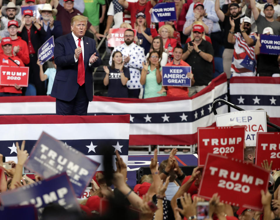 President Donald Trump greets supporters after his speech where he formally announced his 2020 re-election bid Tuesday, June 18, 2019, in Orlando, Fla. (AP Photo/John Raoux)