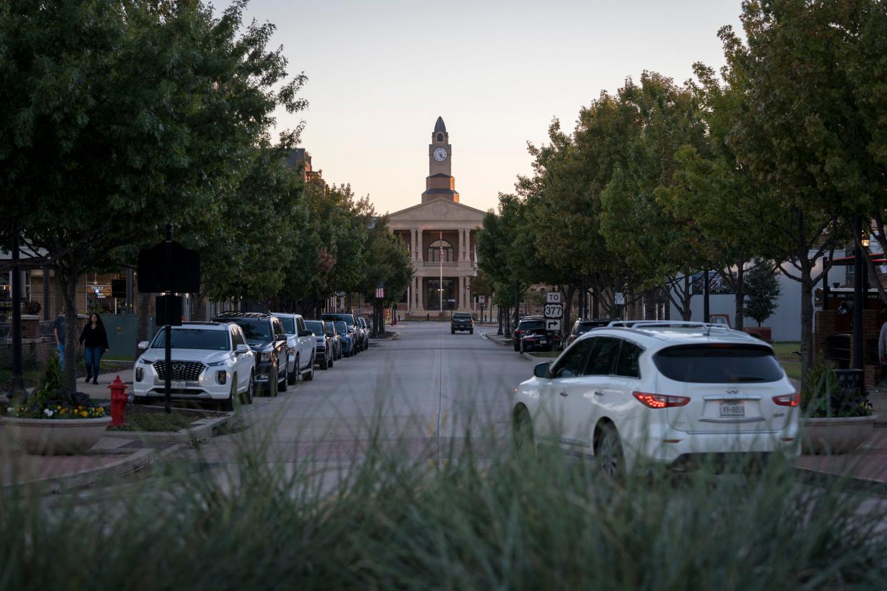 The sun sets over Roanoke City Hall in downtown Roanoke, Texas, a Dallas-Ft. Worth suburb that bills itself as a dining destination.