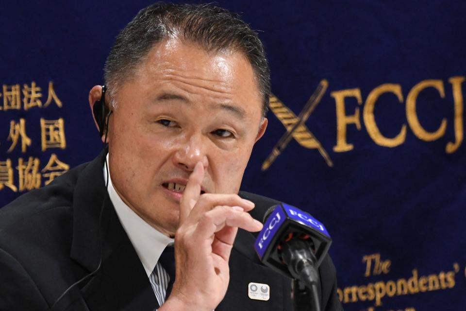 Yasuhiro Yamashita, president of the Japanese Olympic Committee, speaks during a press conference at the Foreign Correspondents' Club of Japan in Tokyo on June 28, 2021.