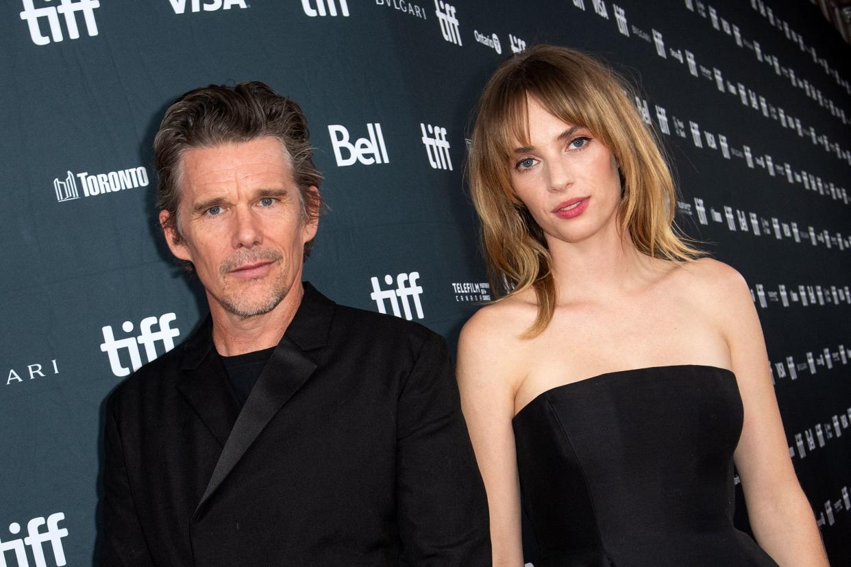 TOPSHOT - US actor and director Ethan Hawke (L) and his daughter US actress Maya Hawke arrive for the premiere of 