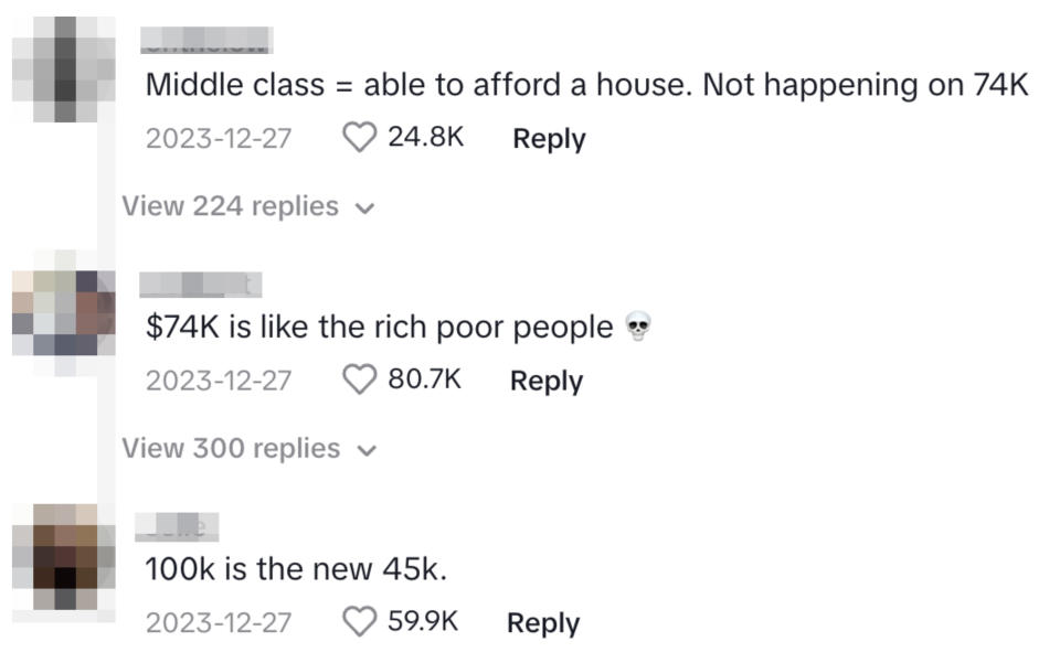 Social media comments discussing the affordability of housing on a typical income