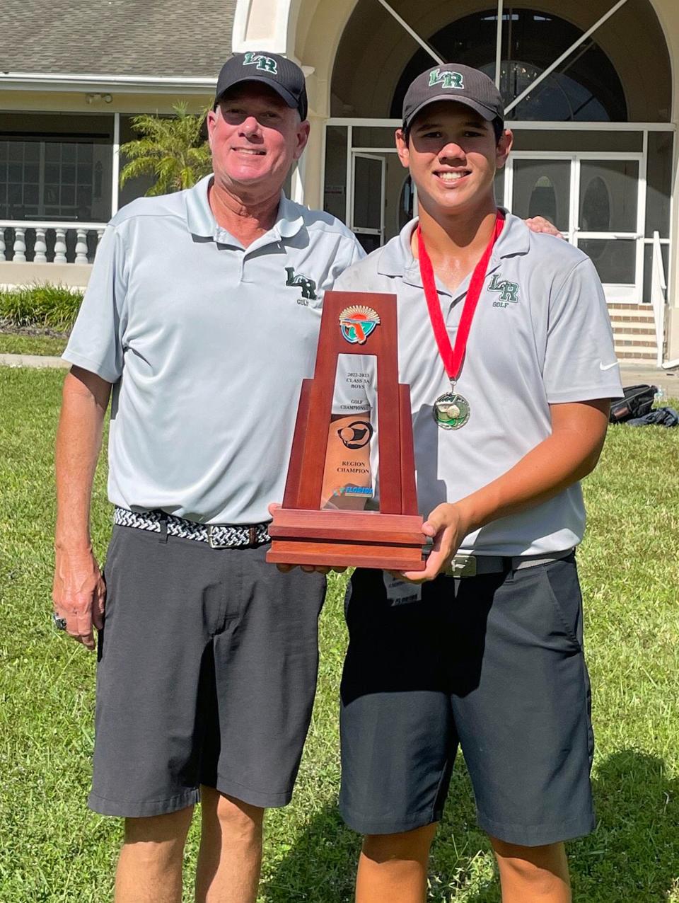 Lakewood Ranch High boys golf coach Dave Frantz with Parker Severs who tied for medalist honors at the Class 3A-Region 3 tournament.