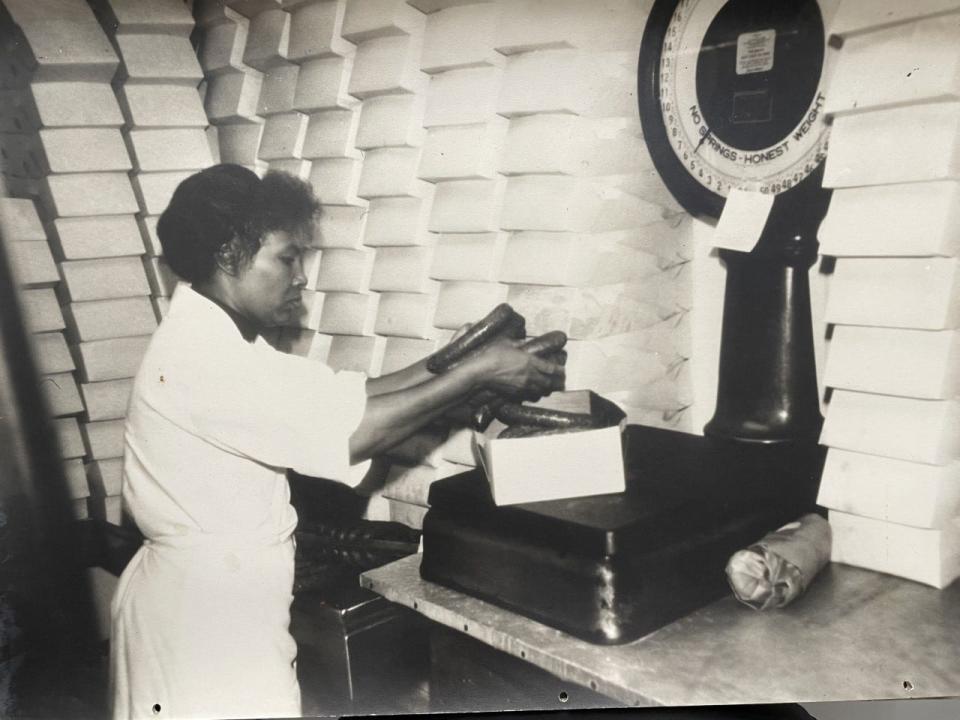 Sally Brown, worked at Azar Sausage Co. for many years. This is one of several large photos that members of the Azar family recently found. They plan to frame the large photos and hang them in the plant as part of expansion plans.