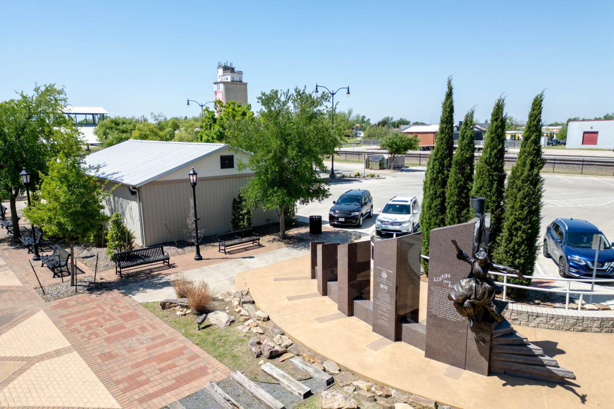 Leaping Into History - Kentucky Daisy Monument is pictured next to future development land in Edmond, Okla., on Monday, April 22, 2024.
(Credit: NATHAN J. FISH/THE OKLAHOMAN)