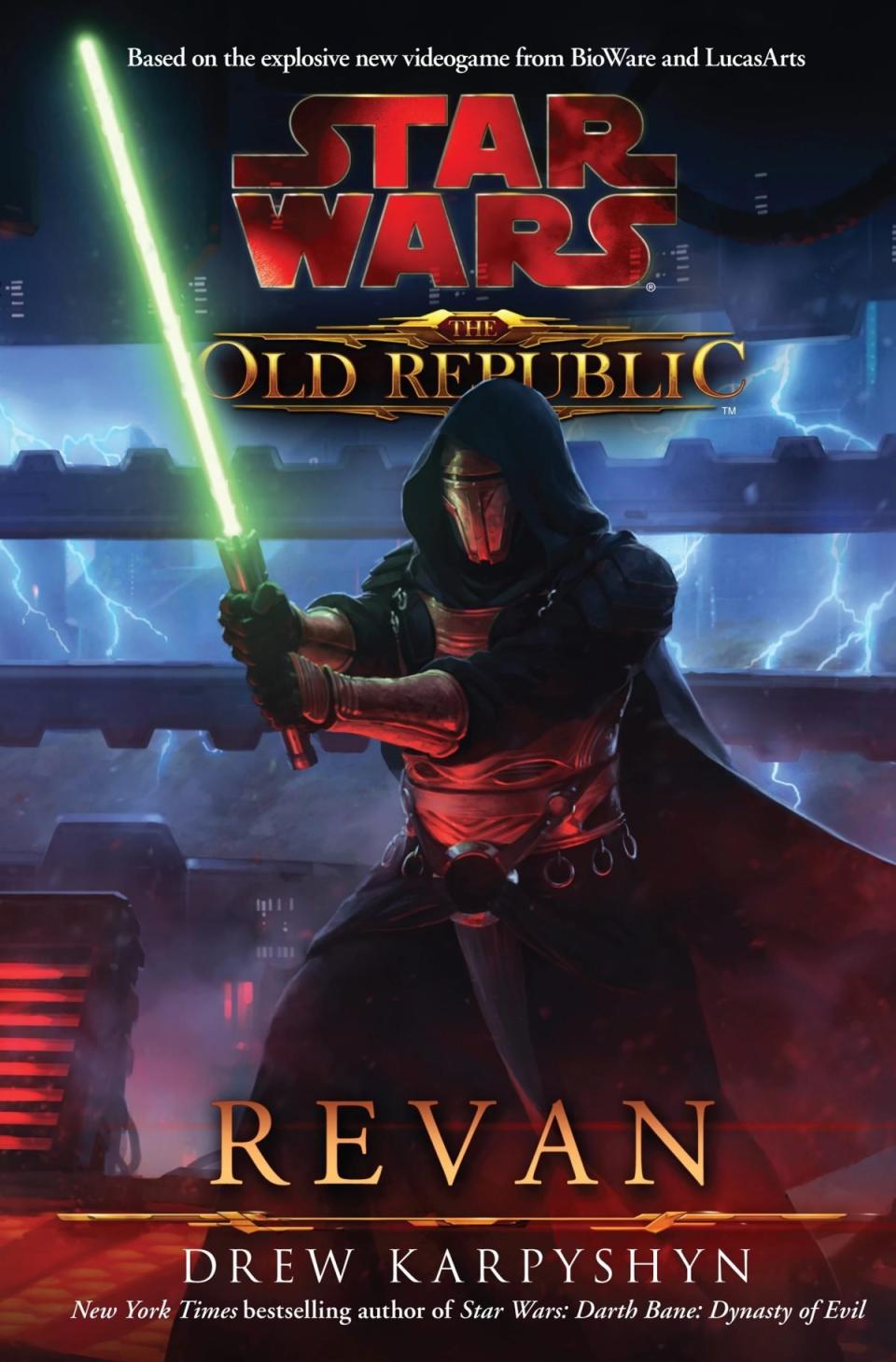 The cover of the novel Star Wars: The Old Republic: Revan shows the titular Sith brandishing a green lightsaber.