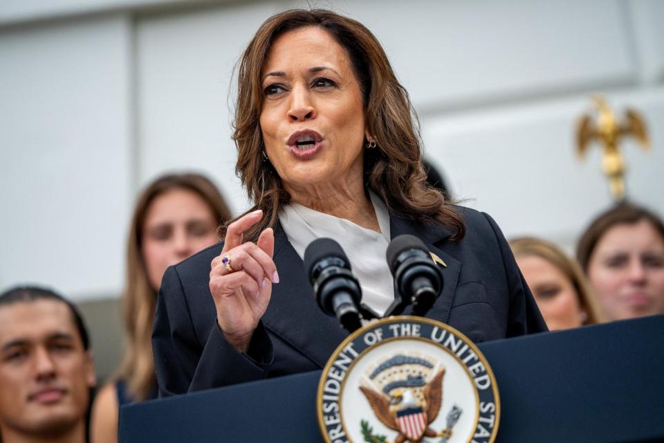PHOTO: Vice President Kamala Harris speaks during an NCAA championship teams celebration on the South Lawn of the White House in Washington, DC, July 22, 2024. (Andrew Harnik/Getty Images)